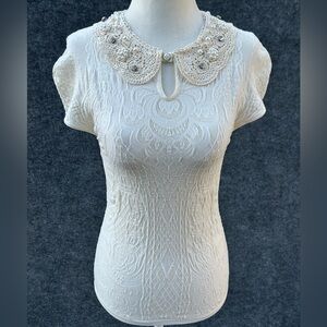 High Everyday Couture Embellished Ivory Lace Knit Top with Peter Pan Collar